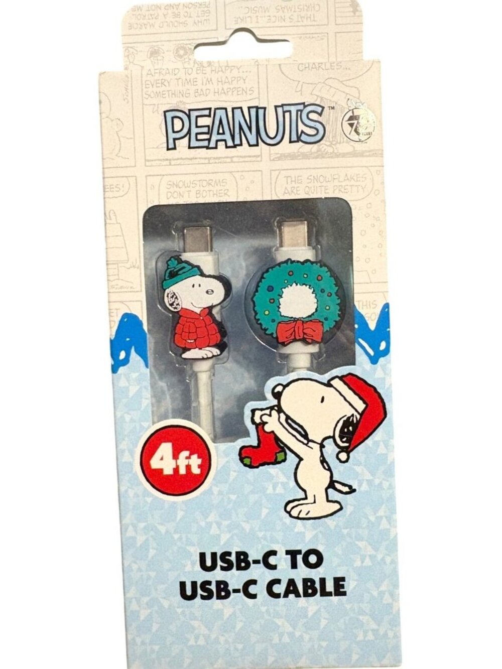 Peanuts Snoopy USB-C To USB-C Cable 4ft Holiday Design Durable Materials NISB
